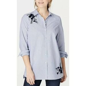 J, Jill Women’s XSmall Blue Stripe Button Down Blouse Floral Embroidered NEW